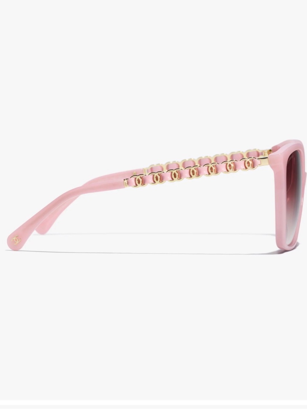 Authentic CHANEL Pink Square Sunglasses with Gold Chain-Detail Temples